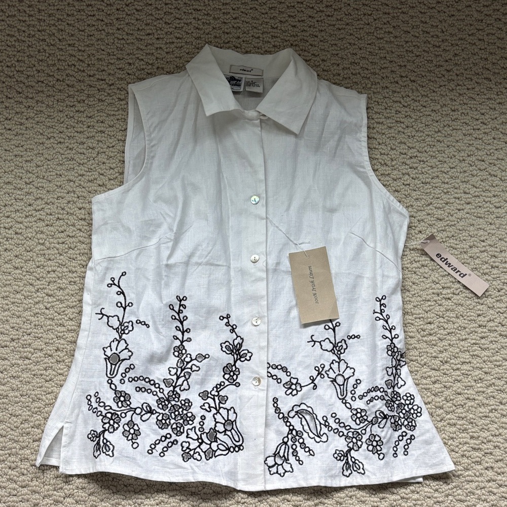Elegant White Sleeveless Irish Lace Shirt with Black Embroidery